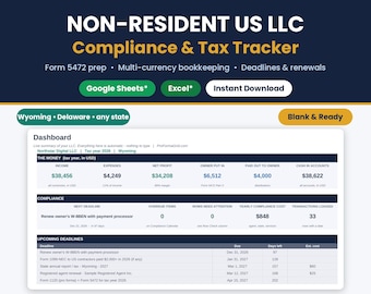 Non-Resident US LLC Tax Tracker | Form 5472 & LLC Bookkeeping Spreadsheet | Wyoming Foreign Owned Business | Google Sheets* Excel*