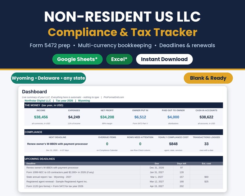 Non-Resident US LLC Compliance and Tax Tracker thumbnail with Google Sheets* and Excel* badges and a dashboard preview for foreign owned LLC bookkeeping and Form 5472 prep