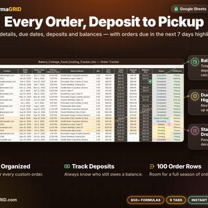 Bakery order tracker and customer CRM with due dates, deposits, balance due, status dropdown and 7-day due-soon highlighting