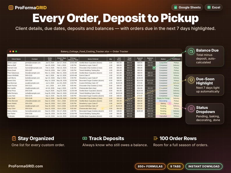 Bakery order tracker and customer CRM with due dates, deposits, balance due, status dropdown and 7-day due-soon highlighting