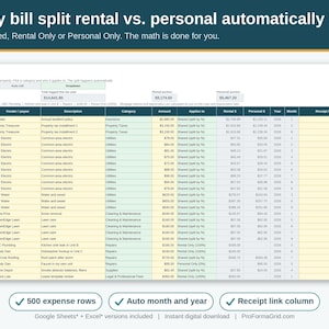 Rental property expense log template that automatically splits each bill into rental and personal share for a duplex or triplex house hack