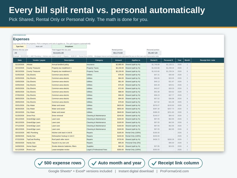 Rental property expense log template that automatically splits each bill into rental and personal share for a duplex or triplex house hack