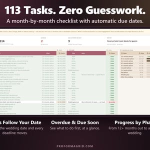 Wedding checklist with 113 tasks, automatic due dates, overdue and due soon status and progress by planning phase.