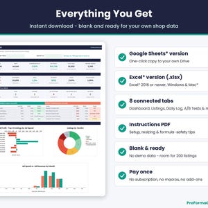 What's included: Google Sheets* version, Excel* version, Instructions PDF, 8 connected tabs, blank template with room for 200 Etsy listings
