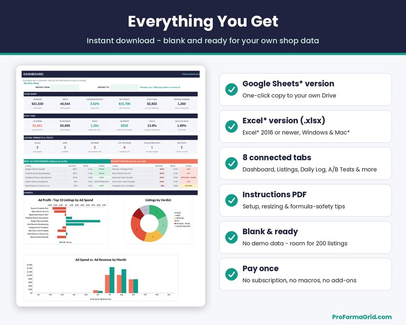 What's included: Google Sheets* version, Excel* version, Instructions PDF, 8 connected tabs, blank template with room for 200 Etsy listings