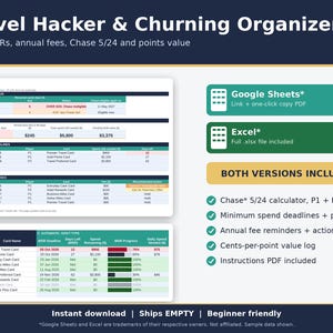 Laptop showing the Travel Hacker and Credit Card Churning Organizer spreadsheet for Google Sheets and Excel.