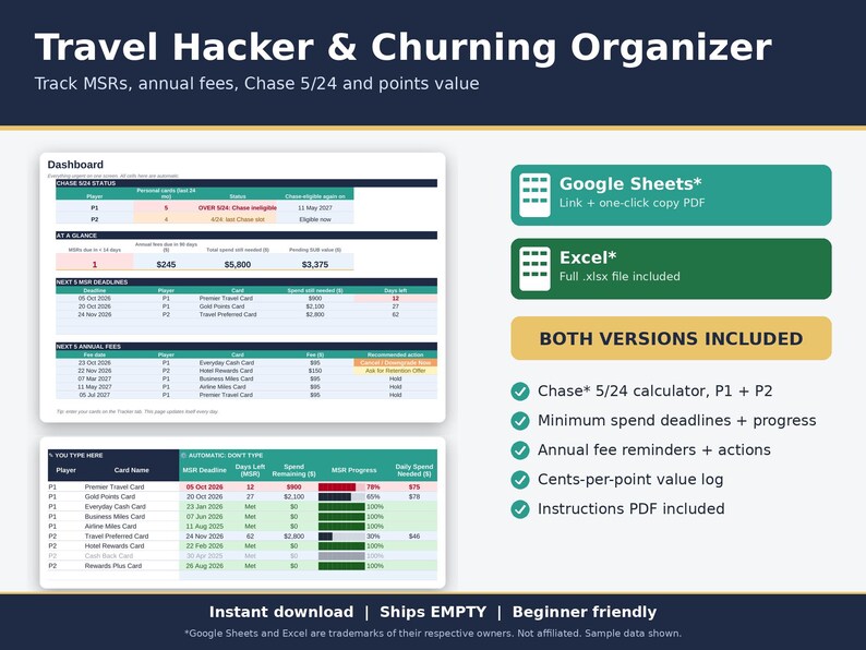 Laptop showing the Travel Hacker and Credit Card Churning Organizer spreadsheet for Google Sheets and Excel.