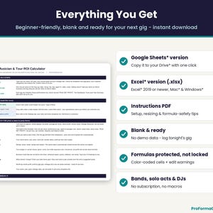 What's included: Google Sheets* version, Excel* .xlsx version, Instructions PDF, blank template, color-coded formula protection, for bands, solo acts and DJs.