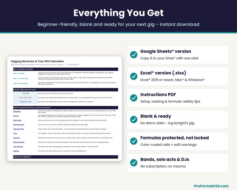 What's included: Google Sheets* version, Excel* .xlsx version, Instructions PDF, blank template, color-coded formula protection, for bands, solo acts and DJs.