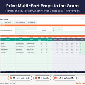 Quick Quote tab pricing multi-part 3D printed props with filament or resin grams, print hours, electricity, machine wear and failed-print buffer per part.