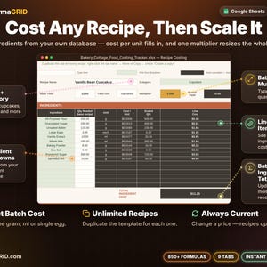 Recipe costing and batch scaling calculator with ingredient dropdowns, cost per unit, scaled quantities and a batch multiplier for home bakers