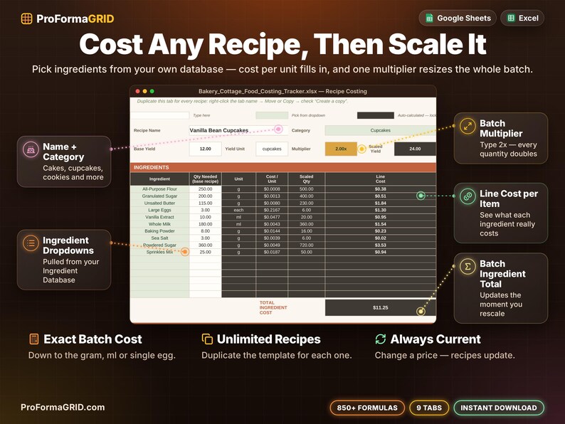 Recipe costing and batch scaling calculator with ingredient dropdowns, cost per unit, scaled quantities and a batch multiplier for home bakers