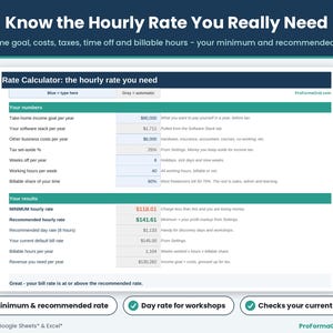 Freelance rate calculator determining recommended hourly and day rates from income targets, overhead costs, and billable time.