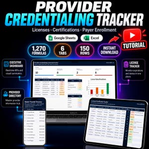 May include: A digital Provider Credentialing Tracker template for Google Sheets and Excel. The display features a laptop, smartphone, and tablet showing dashboards, license status breakdowns, and provider directories with 1,270 formulas, 6 tabs, and 150 rows.