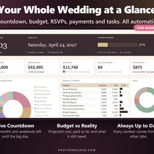 Wedding dashboard showing countdown, total budget, projected cost, paid so far, guests attending, budget by category chart and RSVP chart.