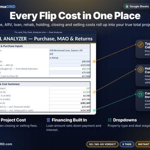 Fix and flip deal analyzer tab with purchase price, ARV, loan amount, rehab budget, holding, closing and selling costs and total cash invested