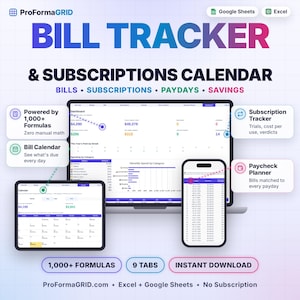 Bill tracker and subscriptions calendar spreadsheet template for Google Sheets* and Excel* shown on laptop, tablet and phone with dashboard, bill calendar and paycheck planner.