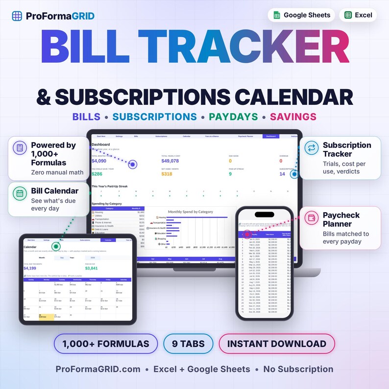 Bill tracker and subscriptions calendar spreadsheet template for Google Sheets* and Excel* shown on laptop, tablet and phone with dashboard, bill calendar and paycheck planner.