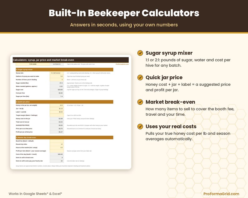 Sugar syrup mixing calculator for 1:1 and 2:1 ratios, quick pricing calculator, and market break-even analysis tool.