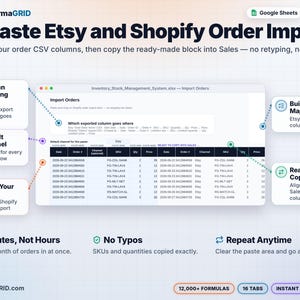 Order import tab: paste Etsy* Sold Order Items or Shopify* orders CSV columns and copy the ready-made block into the sales log, with a built-in column mapping guide.