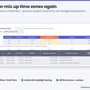 Weekly lesson schedule spreadsheet listing each lesson in the tutor's time and the student's local time, time zone and status, with daylight saving built in.