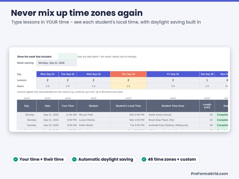 Weekly lesson schedule spreadsheet listing each lesson in the tutor's time and the student's local time, time zone and status, with daylight saving built in.