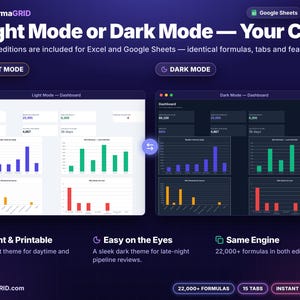 Light mode and dark mode versions of the client CRM dashboard side by side, both editions included for Excel* and Google Sheets* with identical formulas
