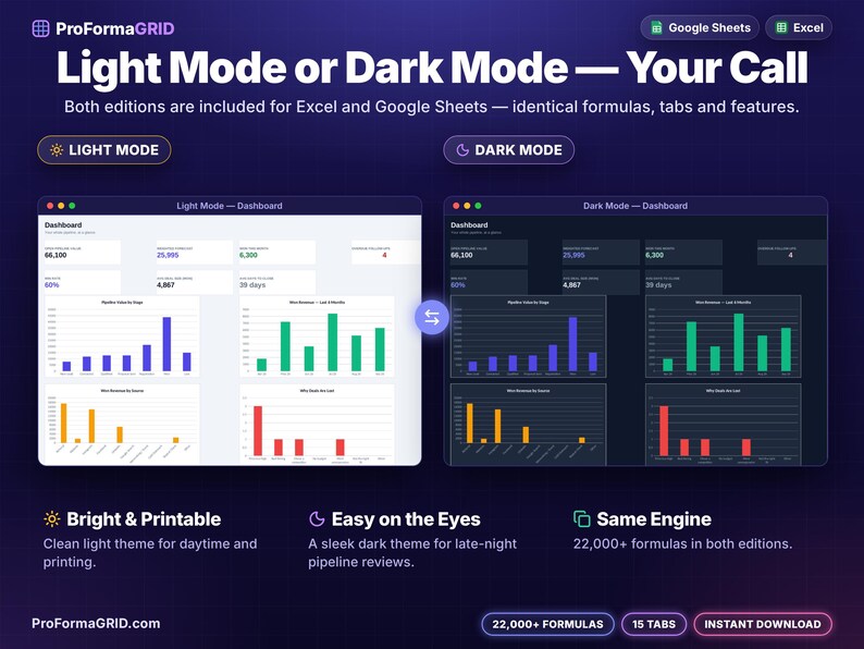 Light mode and dark mode versions of the client CRM dashboard side by side, both editions included for Excel* and Google Sheets* with identical formulas