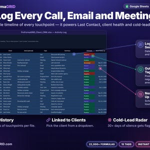 CRM activity log spreadsheet recording calls, emails, texts and meetings with summaries, color-coded outcome tags and next follow-up dates for each client
