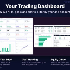 Options trading dashboard with net P&L, win rate, profit factor, drawdown, goals, monthly P&L chart and equity curve.