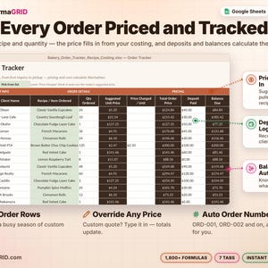 Bakery order tracker spreadsheet with order numbers, client names, recipes, quantities, suggested prices, deposits paid and balance due