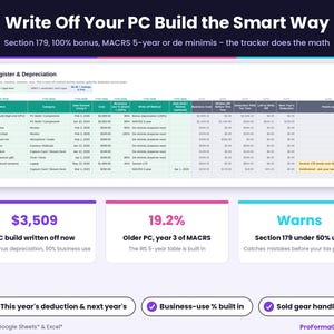 Gear register tab showing setup tracking for PC builds, cameras, and microphones with tax depreciation methods like Section 179 and De minimis.