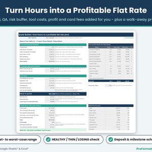 Quote builder tab calculating flat-rate pricing, risk buffers, profit health status alerts, card fee gross-up, and payment schedule.