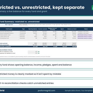 Fund Summary tab showing restricted versus unrestricted fund balances, totals and reconciliation checks in a spreadsheet.