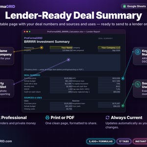 Lender Report tab showing a one-page printable deal summary with sources and uses, underwriting metrics, and property photo slot.