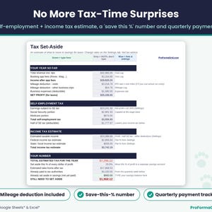 Self-employment tax set-aside sheet with mileage deduction, business expenses, estimated tax, save-this-percent number and quarterly payments.