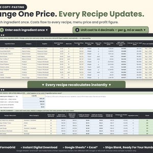 Master ingredient database feeding recipe costing in a food cost spreadsheet: change one price and every recipe COGS per portion updates.
