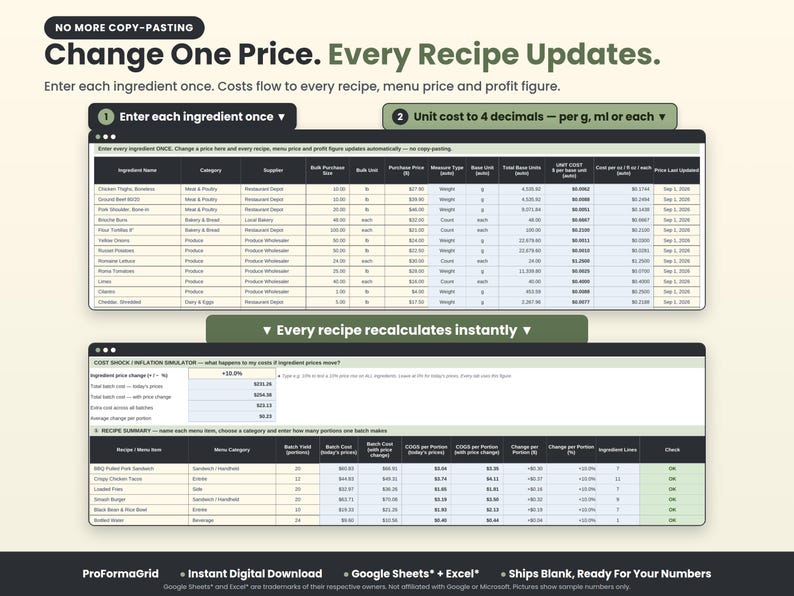 Master ingredient database feeding recipe costing in a food cost spreadsheet: change one price and every recipe COGS per portion updates.
