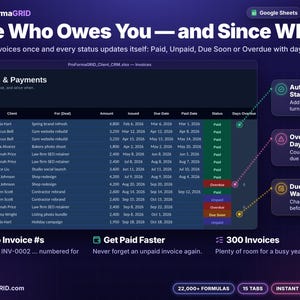 Invoice and payment tracker tab with automatic invoice numbers and Paid, Unpaid, Due Soon and Overdue status with days overdue for small business clients