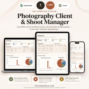 Dashboard tab with live revenue KPIs, action-required alerts, monthly bar charts, and client shoot status tracking.