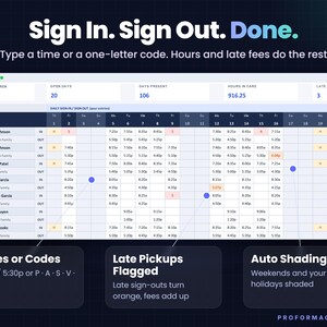 Monthly daycare attendance grid with sign-in and sign-out times per child, codes for absent, sick, vacation and holiday, shaded weekends, orange late pickups and an automatic month summary.