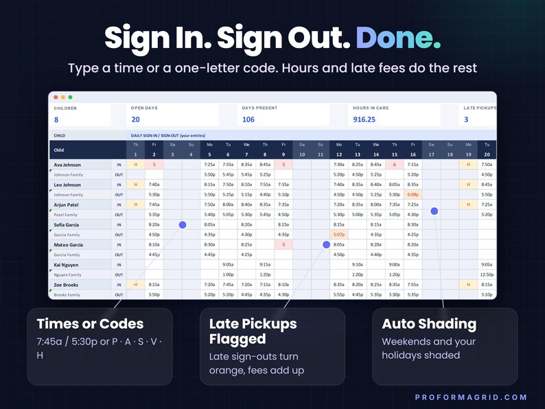 Monthly daycare attendance grid with sign-in and sign-out times per child, codes for absent, sick, vacation and holiday, shaded weekends, orange late pickups and an automatic month summary.