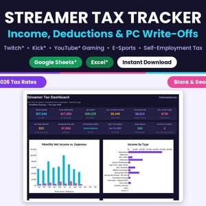 Main thumbnail showing Twitch* streamer accounting sheet title, financial dashboard preview, and compatibility badges for Google Sheets* and Excel*.