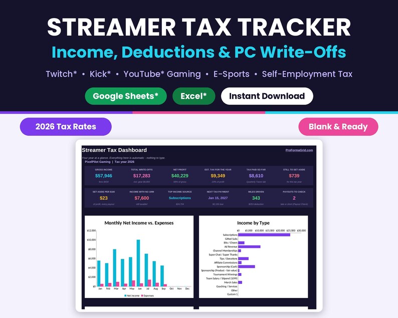 Main thumbnail showing Twitch* streamer accounting sheet title, financial dashboard preview, and compatibility badges for Google Sheets* and Excel*.