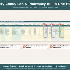 Billing ledger in a medical expense tracker listing clinic, lab and pharmacy bills with balances due.
