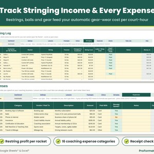 Racket stringing log and business expense tracker covering 16 coaching categories with receipt checks in Microsoft* Excel* and Google Sheets*.