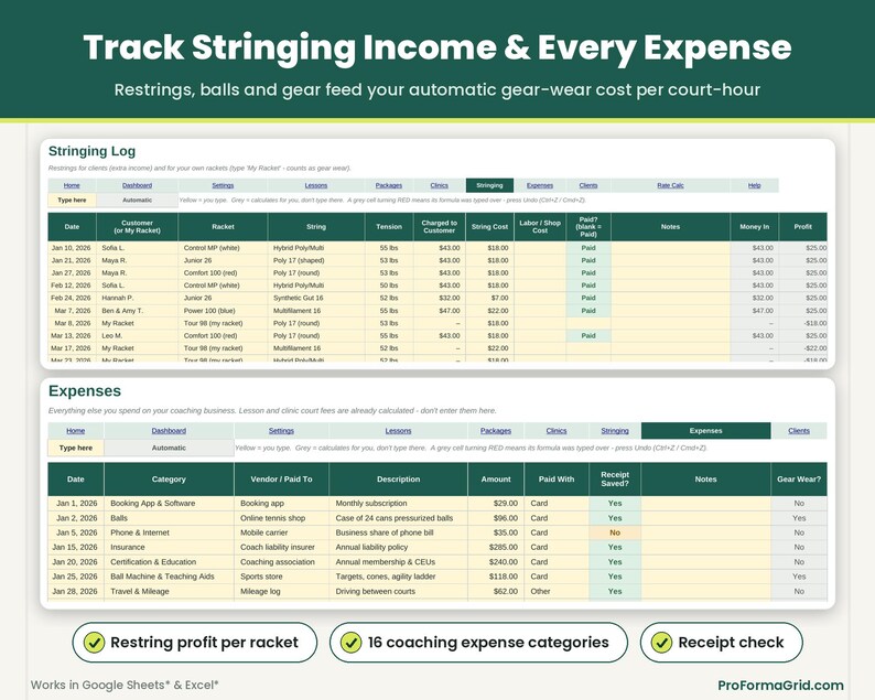 Racket stringing log and business expense tracker covering 16 coaching categories with receipt checks in Microsoft* Excel* and Google Sheets*.