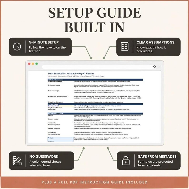 Built-in setup guide tab showing clear step-by-step instructions for filling out yellow input cells.