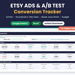 Etsy ads ROI calculator and A/B test conversion tracker spreadsheet for Google Sheets* and Excel*, showing a dashboard with revenue, ROAS, ad profit and listing verdicts