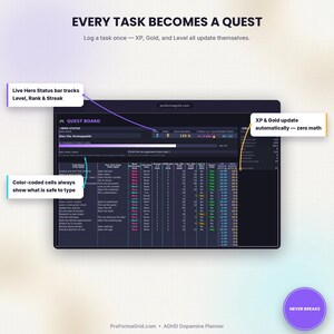 Quest Board tab turning daily to-do tasks into RPG quests, with automatic XP and Gold tracking in this ADHD Google Sheets and Excel planner.